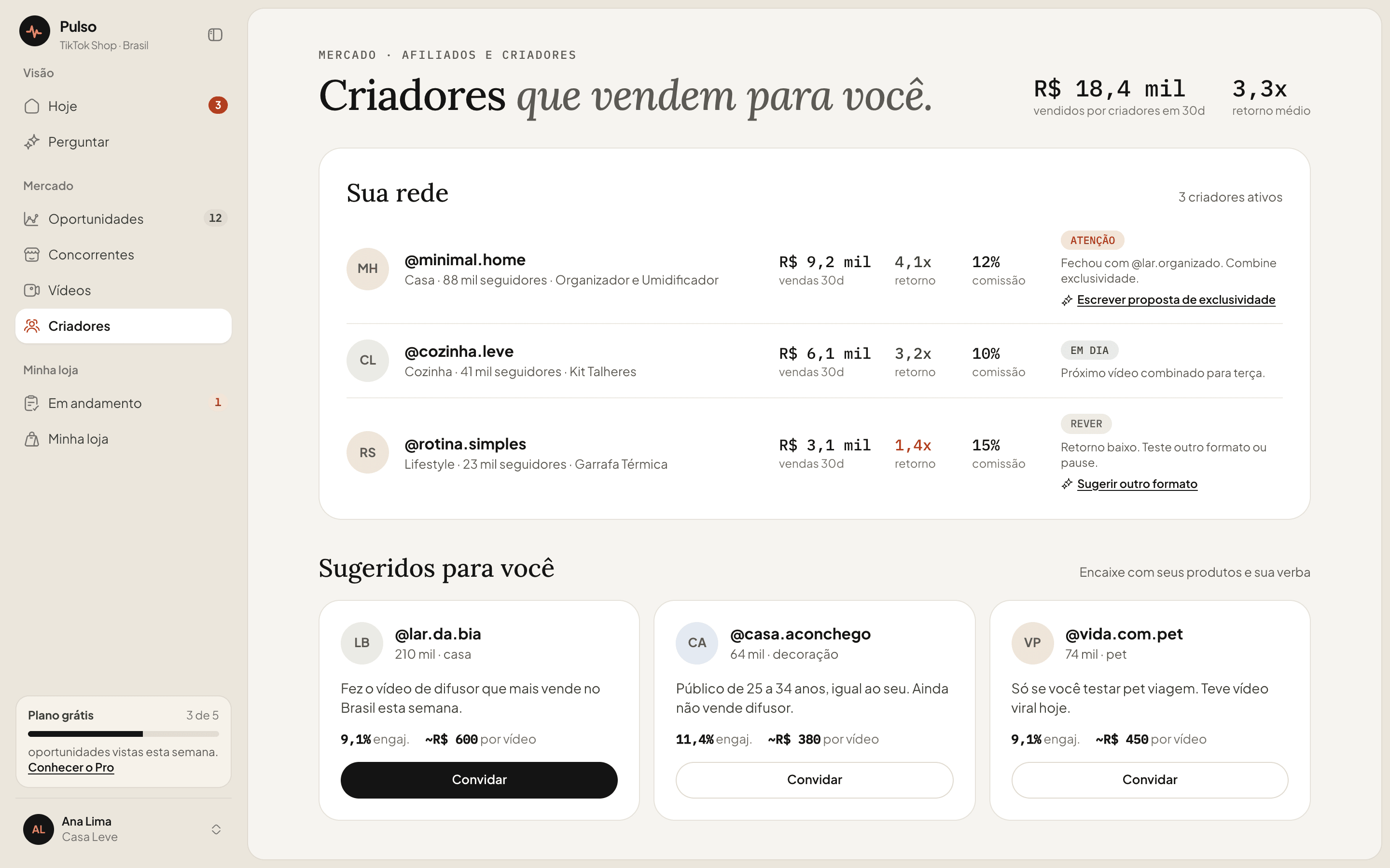 Tela de criadores com a rede da loja e sugestões